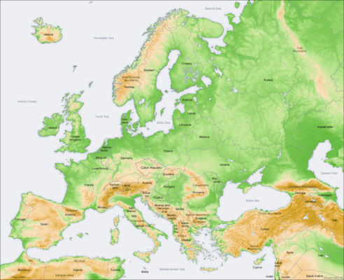 Фізична карта Зарубіжної Європи – фрагмент для 4 класу
