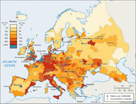 Щільність Зарубіжної Європи, населення країн з середньою і найвищою чисельністю