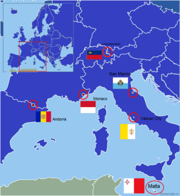Мікродержави Зарубіжної Європи на карті, список держав карликів і країн крихіток
