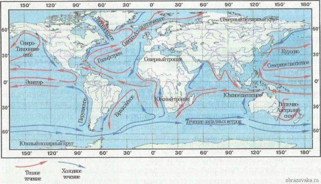 Карта течій світового океану з назвами теплих і холодних