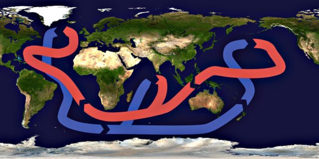 Карта течій світового океану з назвами теплих і холодних